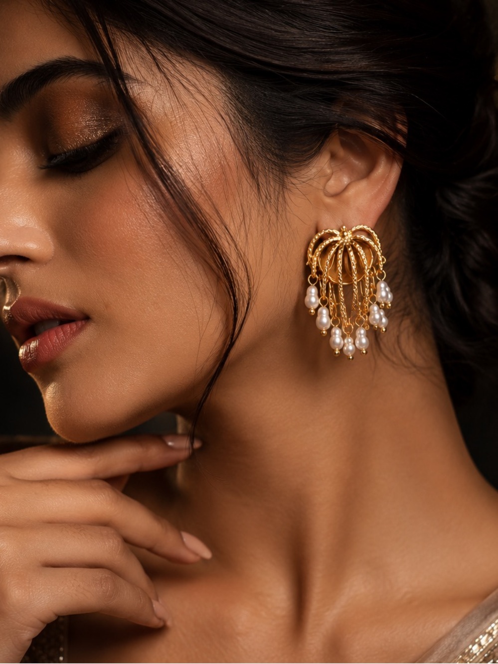 Gold Hoop Earrings with White Pearl Drops - Picture 3 of 8